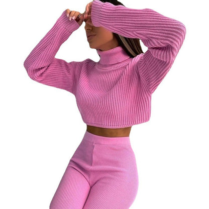Conjunto de dos piezas de top y pantalón de punto de manga larga con cuello alto y color liso informal para mujer