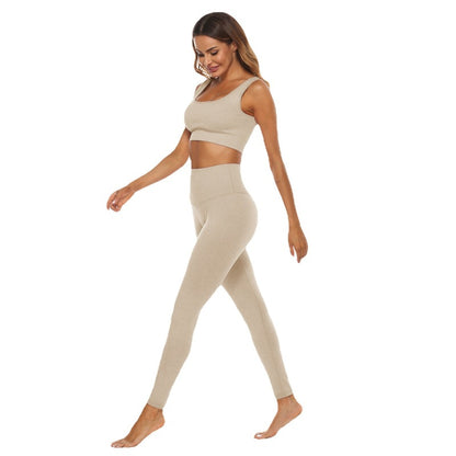 Conjunto deportivo de dos piezas para mujer, color sólido, con cuello en U, camiseta corta y pantalones de cintura alta, para yoga y deportes.