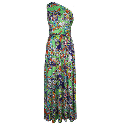 Women'S Fashion Vintage Boho One-Shoulder Sleeveless Loose Casual Floral Printed Maxi Dress