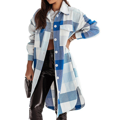 Camisa de manga larga a cuadros holgada con solapa informal para mujer, abrigo tipo chaqueta, otoño e invierno