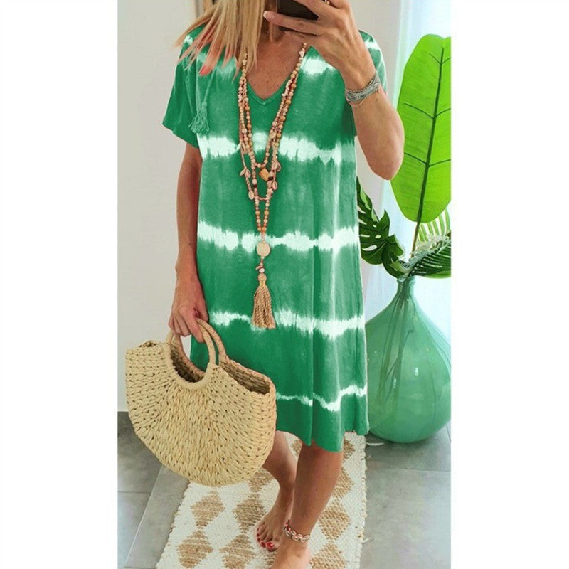 Women Casual Tie Dye Short Sleeve Summer V Neck Loose Bohemian Beach Dress