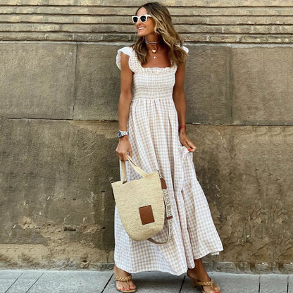 Vestido largo informal con cuello cuadrado y estampado a cuadros para mujer, sin mangas