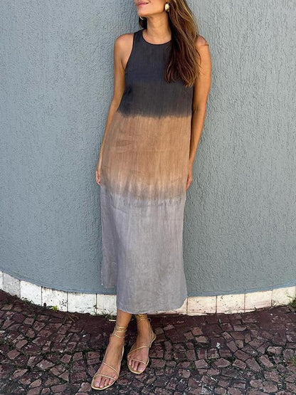 Vestido midi informal de verano para mujer, de algodón y lino, sin mangas, con abertura lateral y color degradado