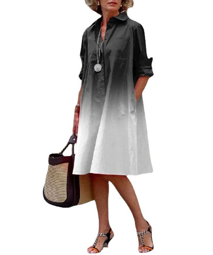 Office Casual Fashion Women Gradient Printing Shirt Collar Long Sleeve Pocket Dress