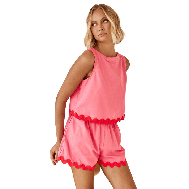Women Spring Summer Comfortable Casual Solid Color Pink Sleeveless Shorts Set