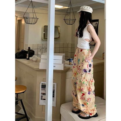Women Graffiti Flower Print Casual Overalls Summer High Waist Loose Cargo Pants
