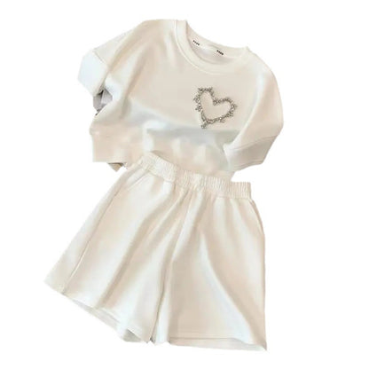 Solid Color Casual Sports Women Summer Fashionable Heart Short-Sleeve T-Shirt Shorts Two-Piece Set
