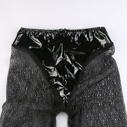 Women Clothes Shiny PU Leather Style Pencil Pant Patchwork See-Through Sexy Casual Long Trousers