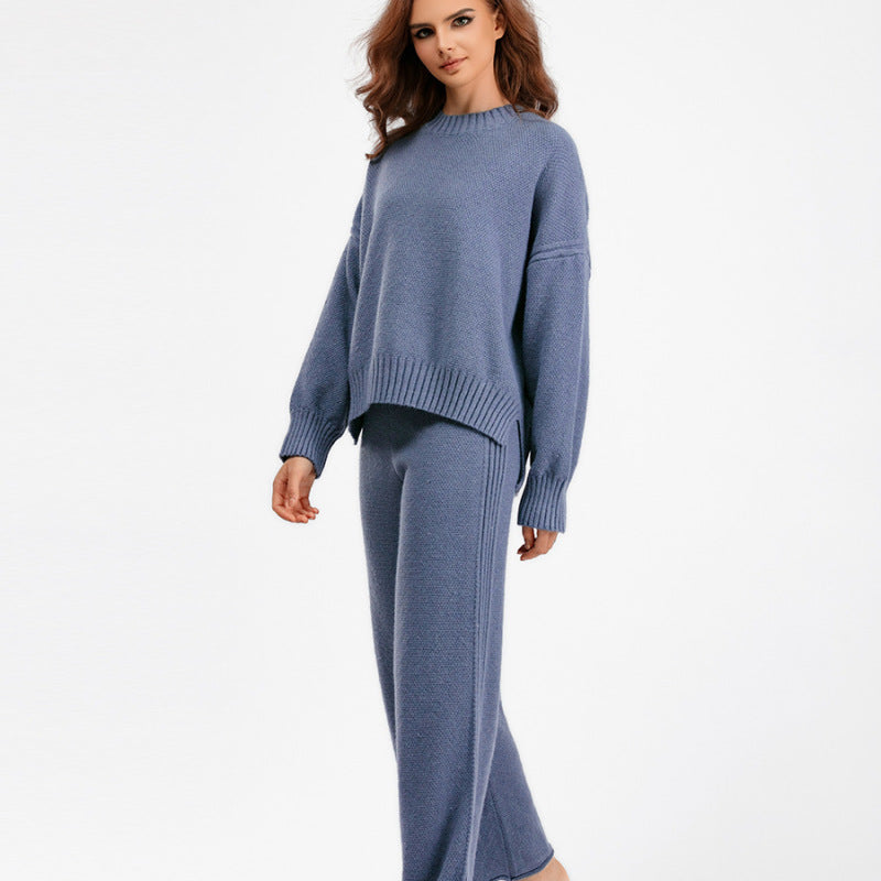 Autumn Winter Women Fashion Casual Knitted Sweater Wide Leg Pants Two-Piece Set