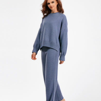 Autumn Winter Women Fashion Casual Knitted Sweater Wide Leg Pants Two-Piece Set
