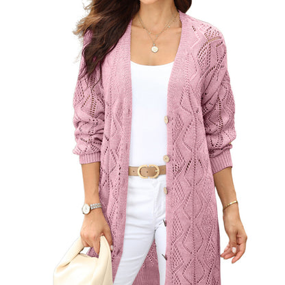 Cárdigan informal de punto calado de color liso para mujer