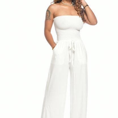 Women Casual Flat Shoulder Wrap Chest Wide Leg Jumpsuit