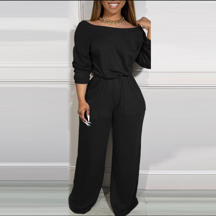Women Simple Casual Solid Color Off Shoulder Jumpsuits