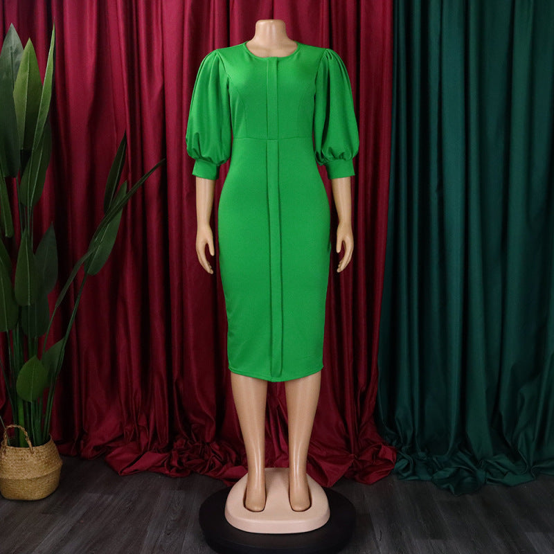 Women Fashion Casual Elegant Solid Color Round Neck Puff Sleeve Defined Waist Dress