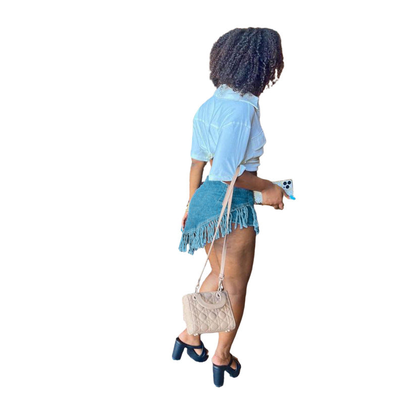Women Fashion Casual Slim Stretch Beveled Fringed Denim Shorts