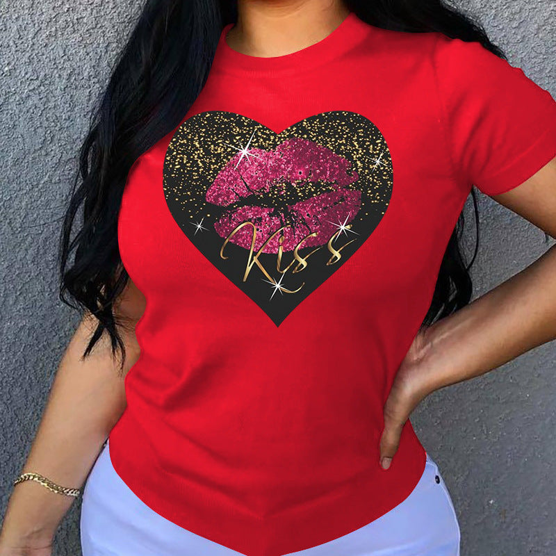 Camiseta informal holgada de algodón con cuello redondo, manga corta y estampado de corazón para mujer, talla grande