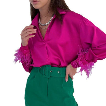 Blusa informal de seda helada de color liso con costuras de plumas para mujer, manga larga, solapa y botonadura sencilla