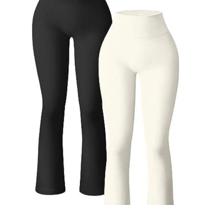 Pantalones deportivos básicos de color liso para mujer, informales, de punto acanalado, para yoga, ejercicio, cintura alta, acampanados