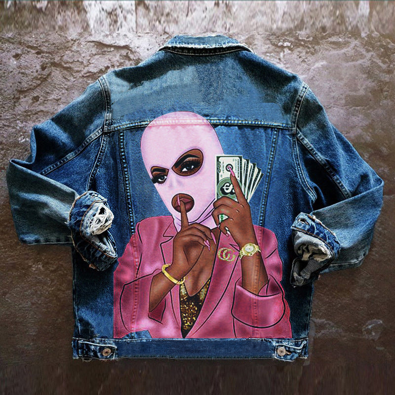 Chaqueta vaquera informal de manga larga con estampado gráfico y botonadura sencilla para mujer