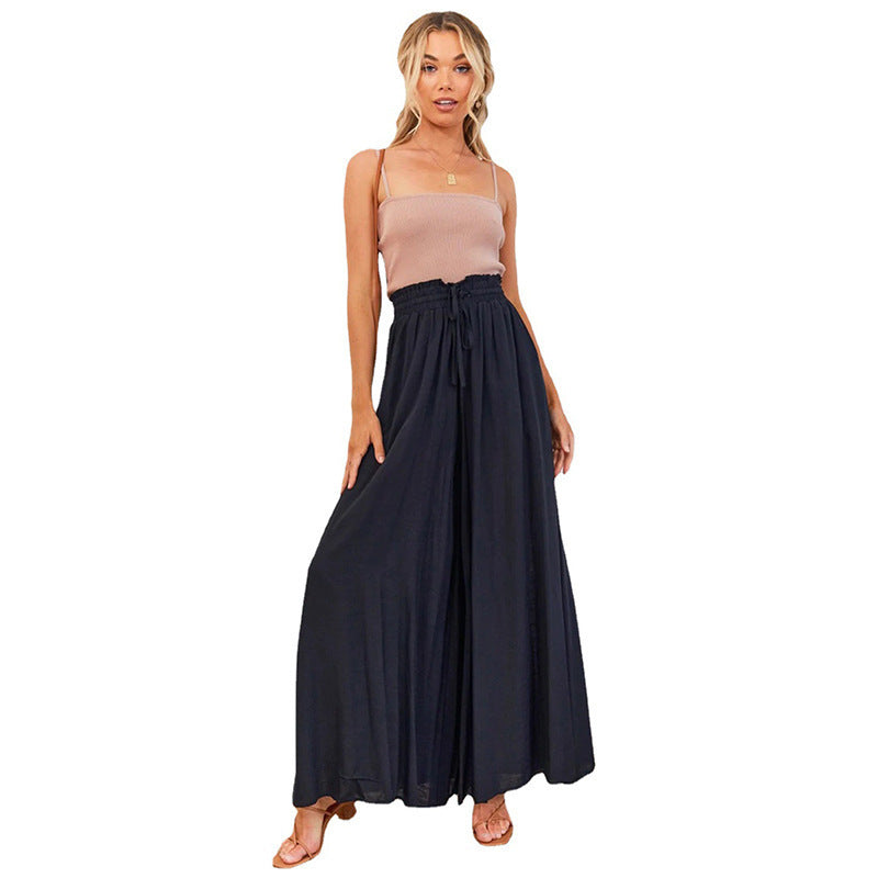 Women Solid Color High Waist Elastic Casual Wide Leg Pants