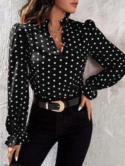 Women Casual Long Sleeve Polka Dot Slim Long-Sleeved Chiffon Shirt Blouse