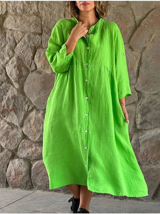 Casual Women Cotton Linen Solid Color Button Shirt Dress