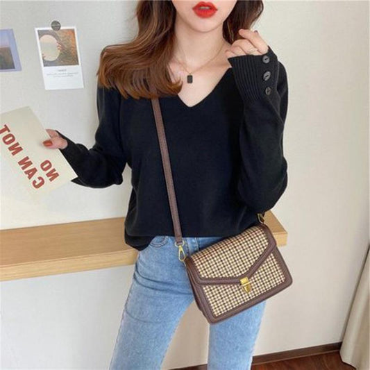Women Casual Solid Color V-Neck Knitted Long Sleeve Sweater