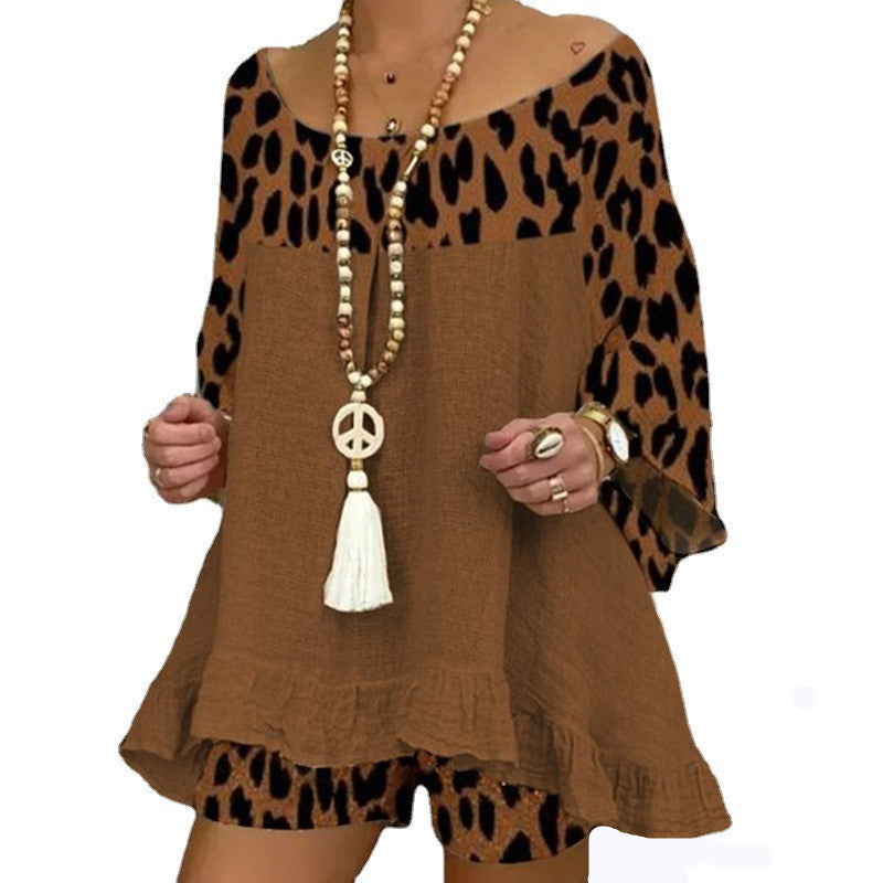 Conjunto de dos piezas con top y pantalones cortos con estampado de leopardo para mujer