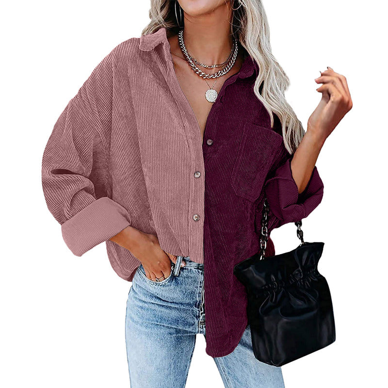 Blusa informal de manga larga con solapa y botones para mujer, con diseño de patchwork y bloqueo de color
