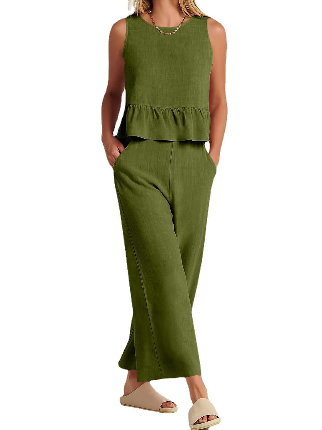 Conjunto informal de verano para mujer, blusa sin mangas con volantes y pantalones de pierna ancha