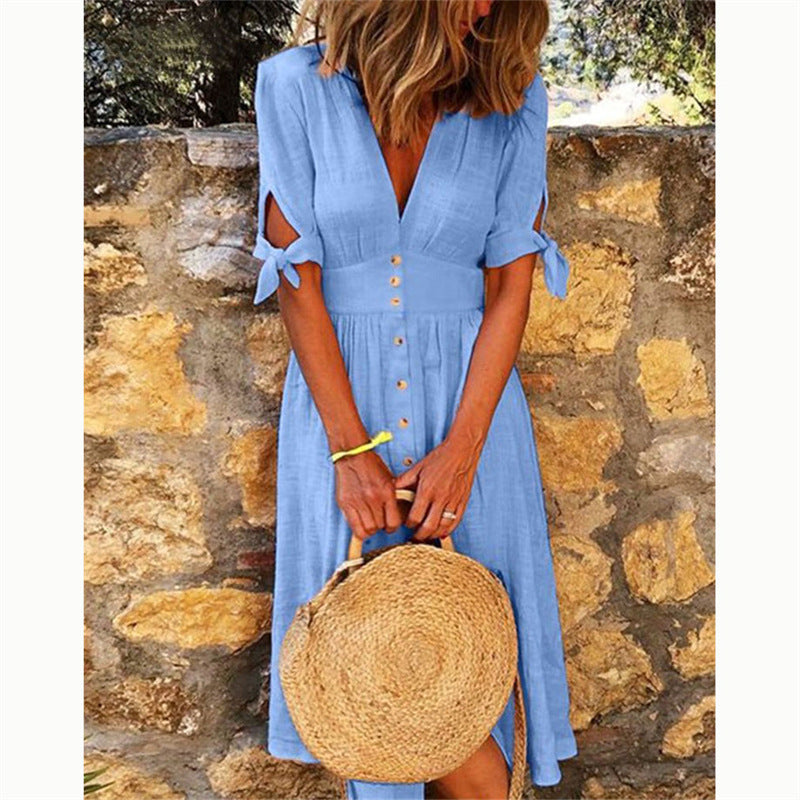 Vestido midi informal de vacaciones para mujer, color liso, con escote en V y media manga anudada