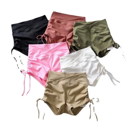Women Solid Pleated Drawstring High Waist Casual Sports Shorts