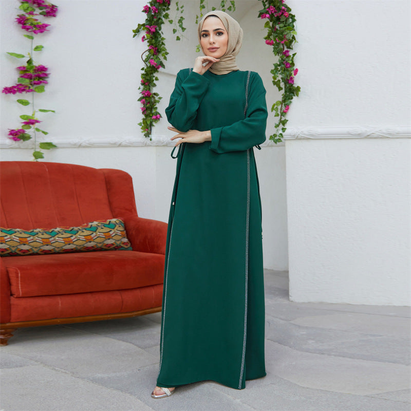 Women Casual Solid Color Rhinestone Abaya Long Sleeve Maxi Dress