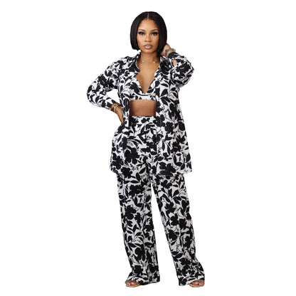 Conjunto de 3 piezas de abrigo informal con solapa y estampado floral para mujer, top corto con cintura definida y pantalones
