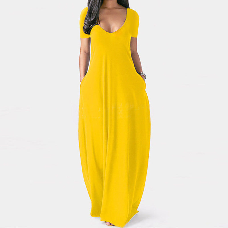 Summer Plus Size Women Basic Solid Color Casual V Neck Short-Sleeved Maxi Dress With Pockets