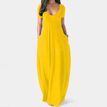 Summer Plus Size Women Basic Solid Color Casual V Neck Short-Sleeved Maxi Dress With Pockets
