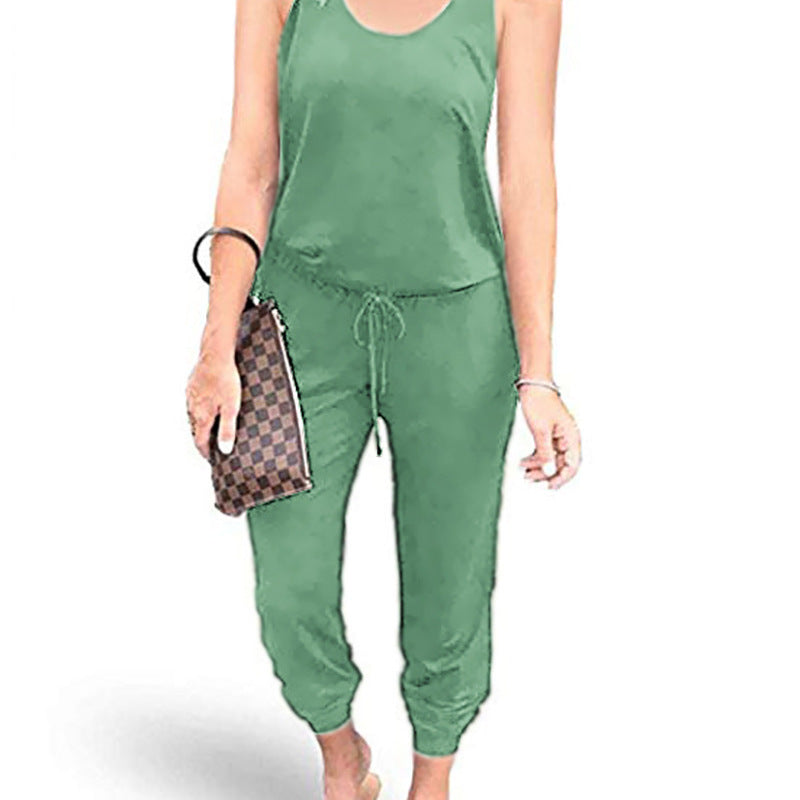 Women Solid Color Tank Top Waist Tie Casual Loose Jumpsuit