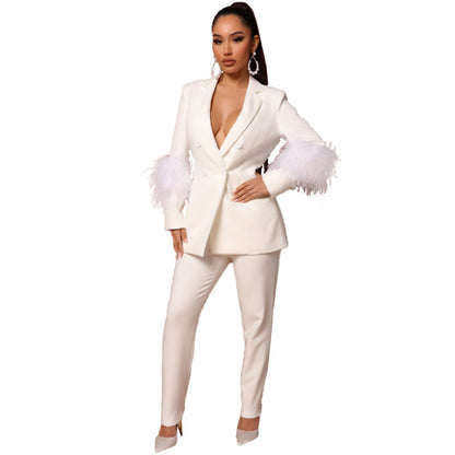 Chaqueta informal de moda para mujer, color liso, con puños de plumas y cuello en V, pantalones ajustados, 2 piezas