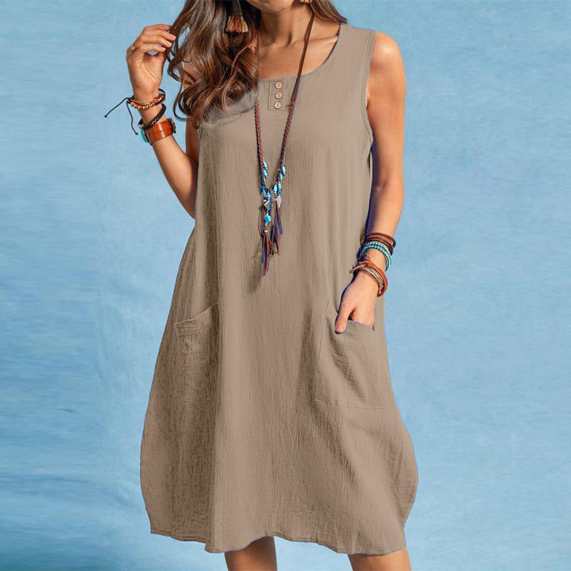Spring And Summer Women Cotton Loose Casual Solid Color Sleeveless Dress