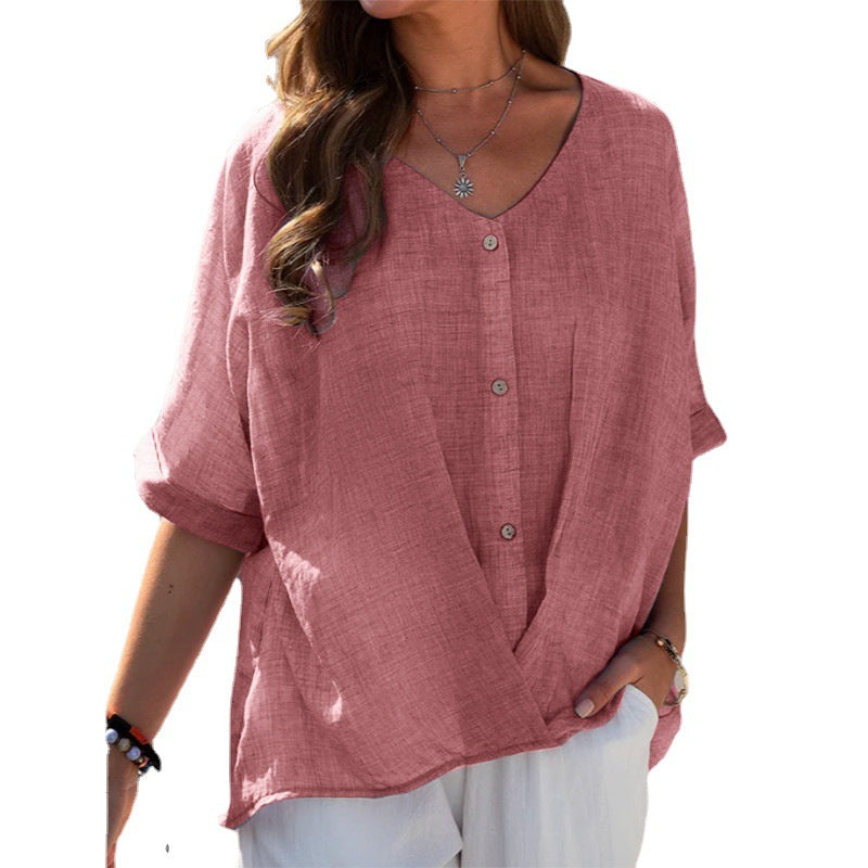 Blusas casuales de algodón y lino para mujer, color liso, con escote en V y botonadura sencilla