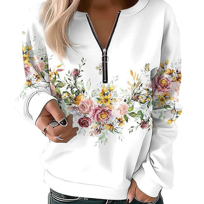 Women Casual Floral Printed V-Neck Long-Sleeve Pullover Loose Sweatshirt