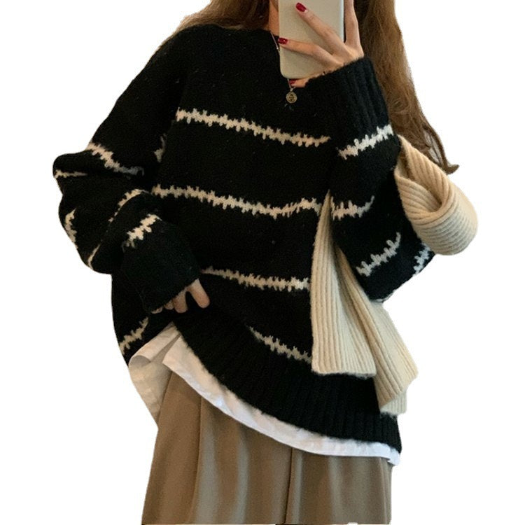 Women Autumn Winter Casual Classic Stripes Round Neck Loose Knitted Sweater