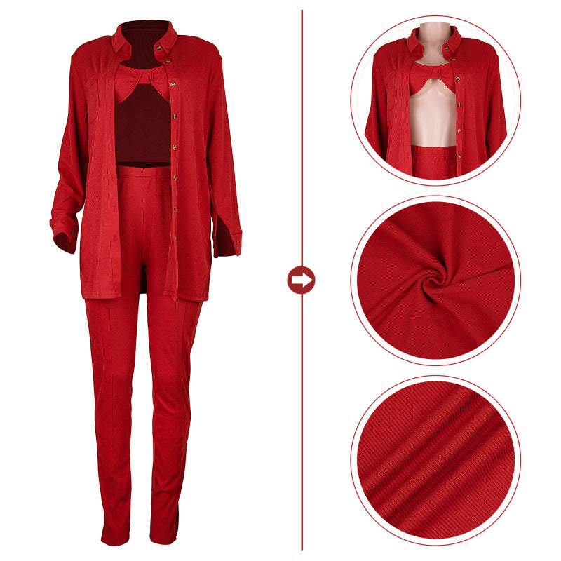 Conjunto informal de tres piezas para mujer: sujetador y camisa de manga larga con solapa y pantalón con abertura