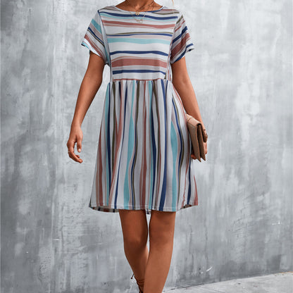 Summer Women Casual Elegant Stripe Print Color Blocking Dress