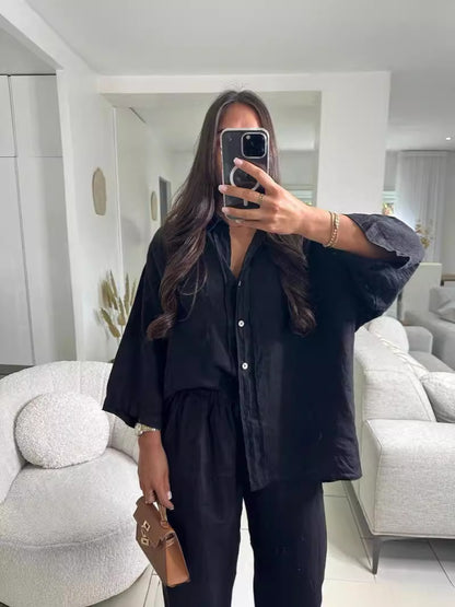 Conjunto de dos piezas formado por camisa y pantalón de lino y algodón, manga larga, solapa, color liso, informal, para mujer, verano