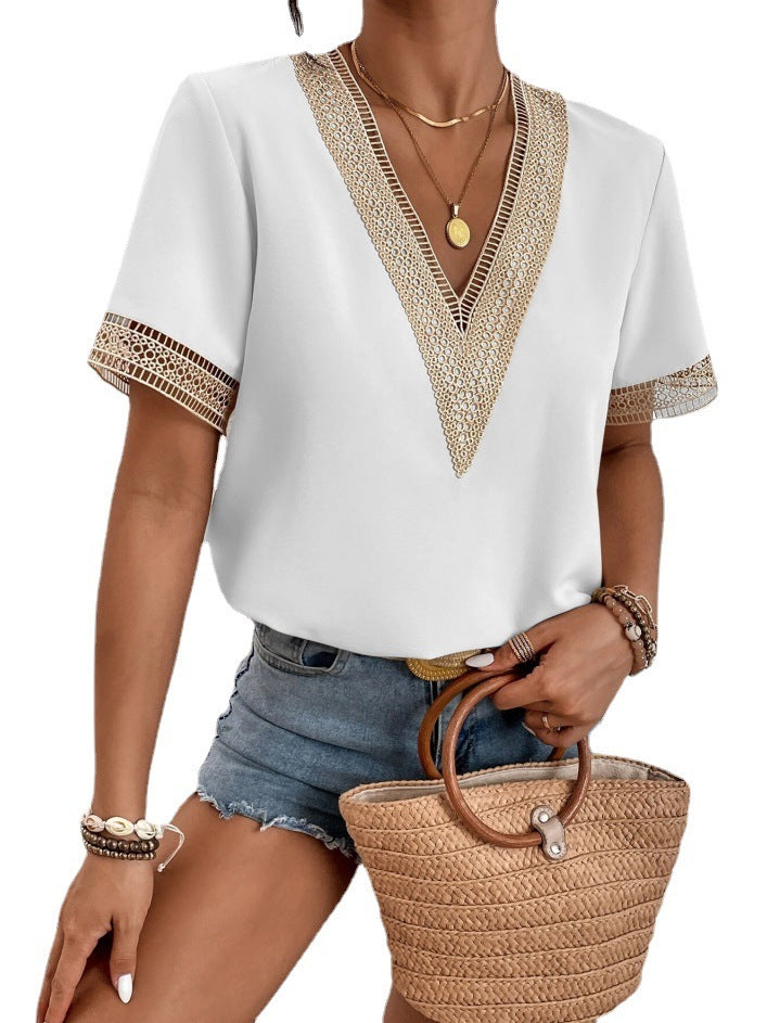 Blusa informal holgada de manga corta con cuello en V y encaje de retazos para mujer