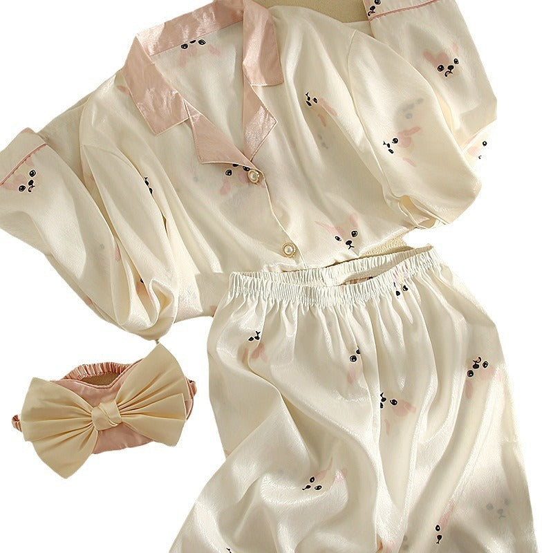 Conjunto de pijama informal con top y pantalón de manga larga con solapa y estampado para mujer