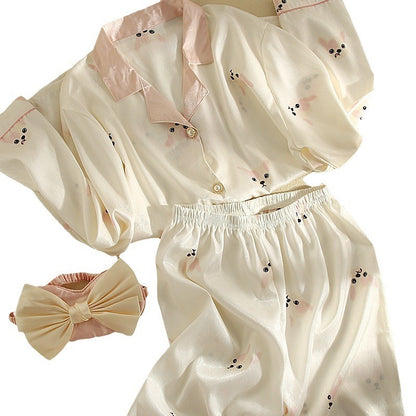 Conjunto de pijama informal con top y pantalón de manga larga con solapa y estampado para mujer