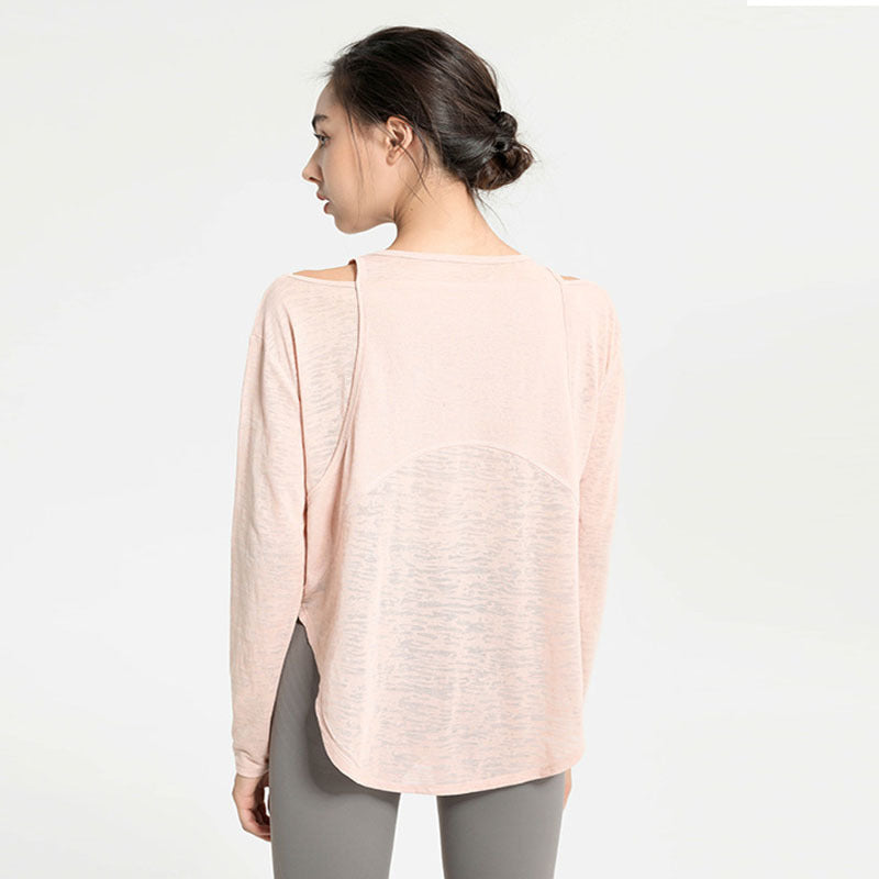 Top deportivo informal holgado de color liso con cuello redondo y manga larga para mujer