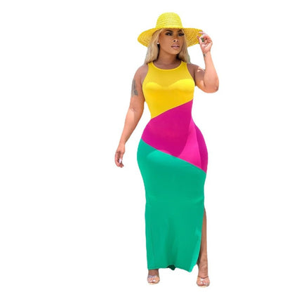 Women Fashion Sexy Casual Round Neck Sleeveless Printed Side Slit Tank Dress